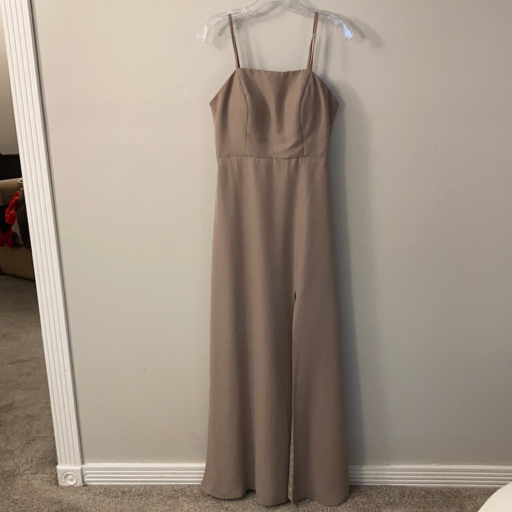 JJs House square neck bridesmaid dress in taupe